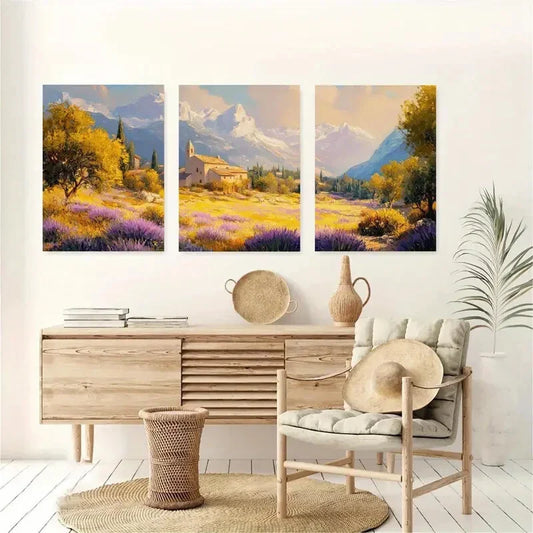 3pcs Vintage House with Mountain View Metal Print Ready to Hang Art