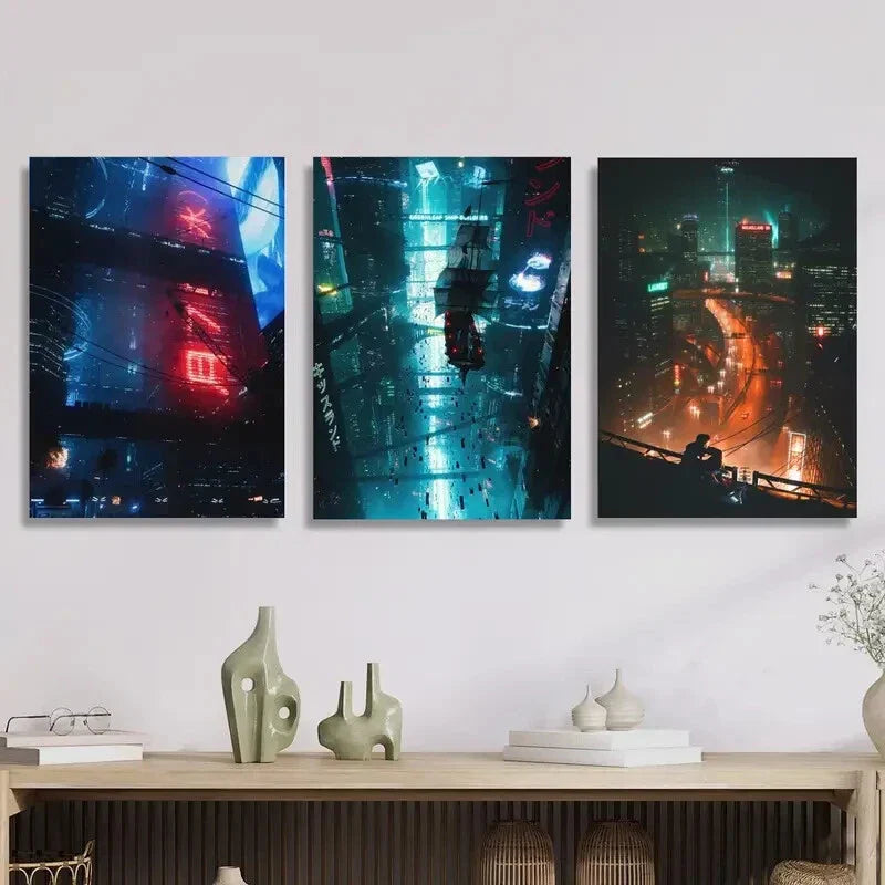 3pcs Cyberpunk city, sci-fi scene,  Art Metal Print Ready to Hang Art