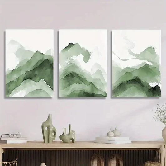 3pcs Abstract Green Mountain Watercolor  Metal Print Ready to Hang Art