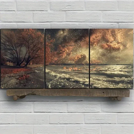 3pcs Storm Night Beach Waves Modern Painting Metal Print Ready to Hang Art