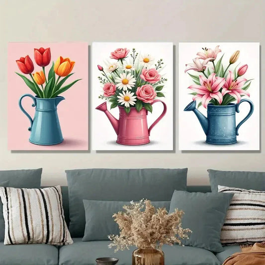 3pcs Colorful Floral Bouquets in Watering Metal Print Ready to Hang Art