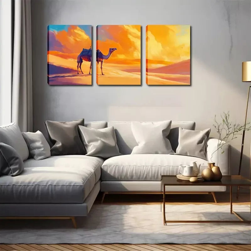 3pcs Vibrant Desert Camel Triptych  Wall Art Set Canvas Framed 40x60cm - High Quality Print 100% Australian Made Wall Canvas Ready to Hang