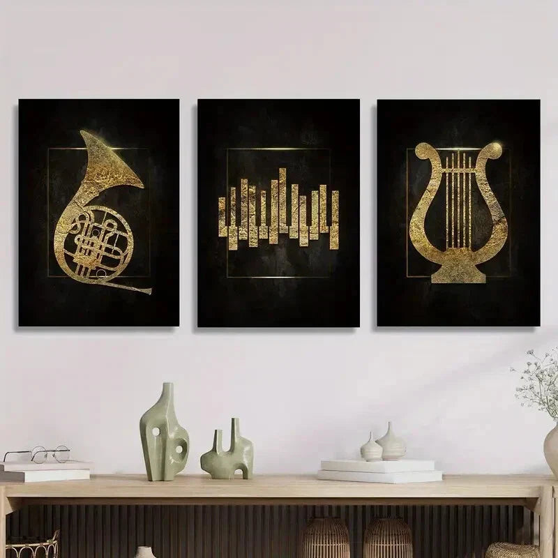 3pcs  Golden musical instrument   Metal Print Ready to Hang Art