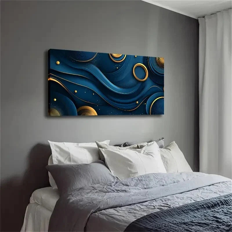 Dark Blue Golden Lines Elements Wall Art Canvas Office Home Room Framed 120x60cm