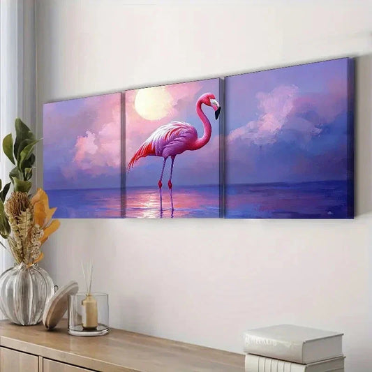 3pcs Flamingo Moonlight Bright Shine Perfect Wall Art Set Canvas Framed 40x60cm - High Quality Print 100% Australian Made Wall Canvas Ready to Hang