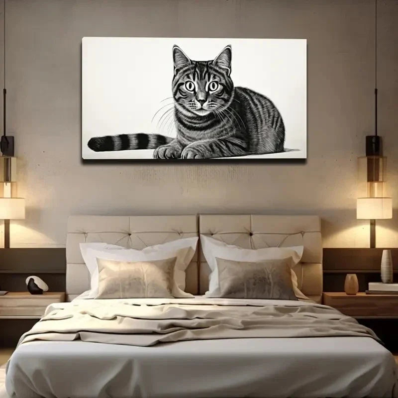 Wild Cat Black White Wall Art Canvas Office Home Room Framed 80x45cm