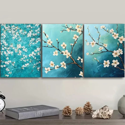 3pcs Green And White Blooming Almond Trees  Wall Art Set Canvas Framed 40x60cm - High Quality Print 100% Australian Made Wall Canvas Ready to Hang