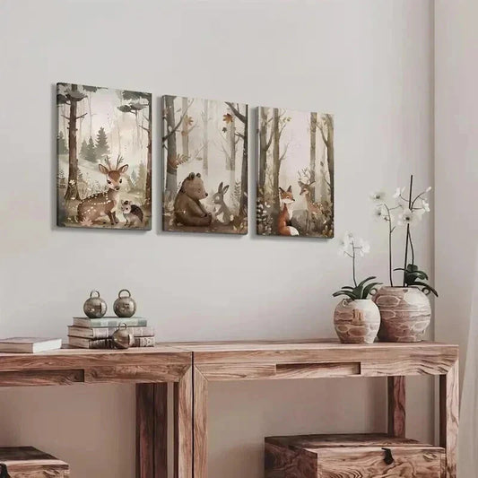 3pcs Cartoon Style Deer Bear & Squirrel Wall Art Set Canvas Framed 40x60cm - High Quality Print 100% Australian Made Wall Canvas Ready to Hang