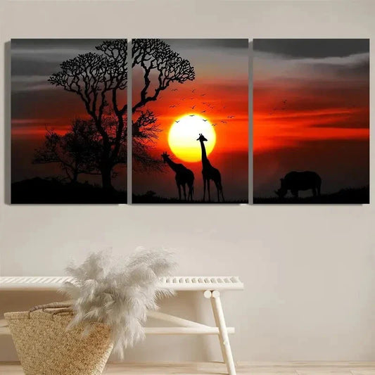 3pcs Beautiful Sunset Crimson Sky Forest And Deer Metal Print Ready to Hang Art
