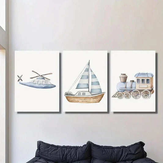 3pcs Watercolor Sailboat Train Airplane Art Paint Metal Print Ready to Hang Art
