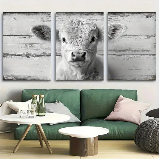 3pcs Black and White Highland Cattle Metal Print Ready to Hang Art