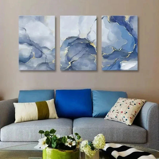 3pcs  Blue and Golden Abstract Metal Print Ready to Hang Art