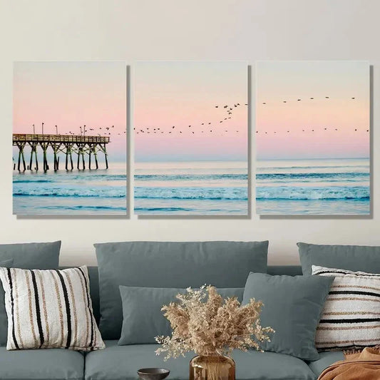3pcs ocean sunset, coastal beach painting,  Metal Print Ready to Hang Art