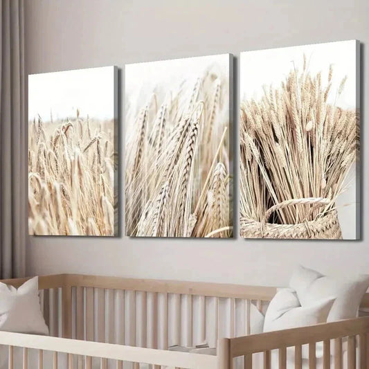 3pcs Rice Dry Wheat Ears Crop Landscape Wall Art Set Canvas Framed 40x60cm - High Quality Print 100% Australian Made Wall Canvas Ready to Hang