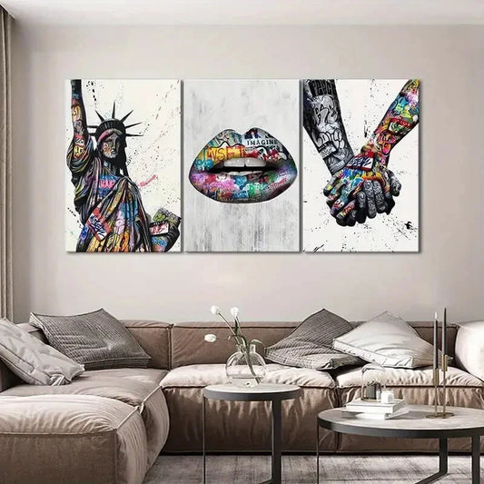 3pcs Colorful Lip Hands Statue Painting  Metal Print Ready to Hang Art