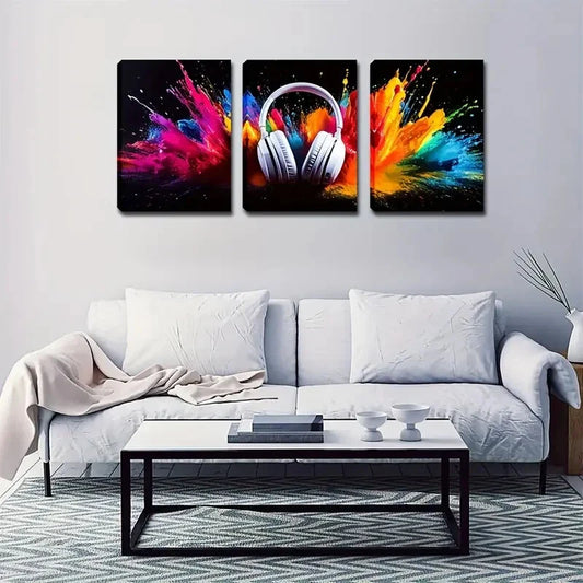 3pcs Vibrant Headphone Explosion  Wall Art Set Canvas Framed 40x60cm - High Quality Print 100% Australian Made Wall Canvas Ready to Hang