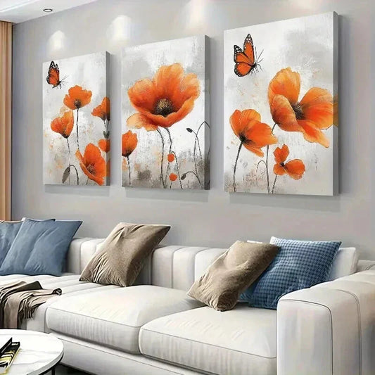3pcs Vibrant Orange Poppy and Butterfly Wall Art Set Canvas Framed 40x60cm - High Quality Print 100% Australian Made Wall Canvas Ready to Hang