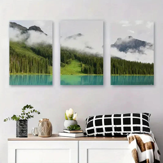 3pcs Tranquil Lake & Green Forest Metal Print Ready to Hang Art