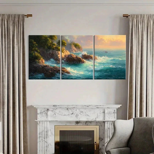 3pcs Ocean Waves Crashing on Rocky Shore Metal Print Ready to Hang Art