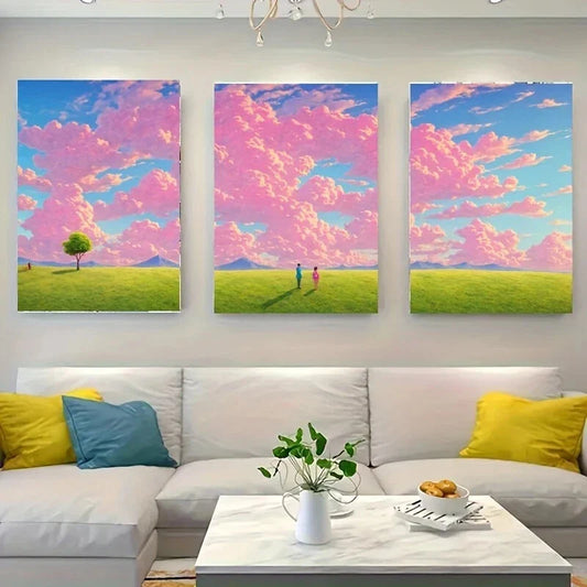 3pcs Two People Standing on a Grass Metal Print Ready to Hang Art