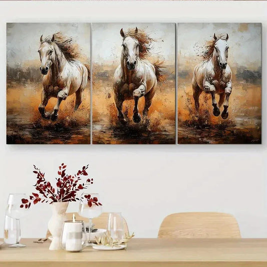 3pcs Galloping White Horse in Golden Landscape Metal Print Ready to Hang Art