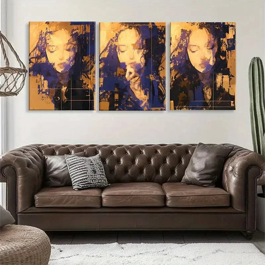 3pcs Human Face in Bold Orange & Blue Perfect Wall Art Set Canvas Framed 40x60cm - High Quality Print 100% Australian Made Wall Canvas Ready to Hang