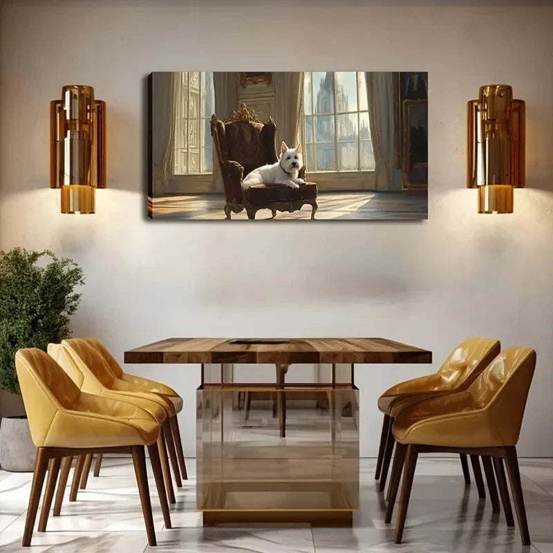 Elegant White Terrier Vintage Wall Art Canvas Office Home Room Framed 120x60cm