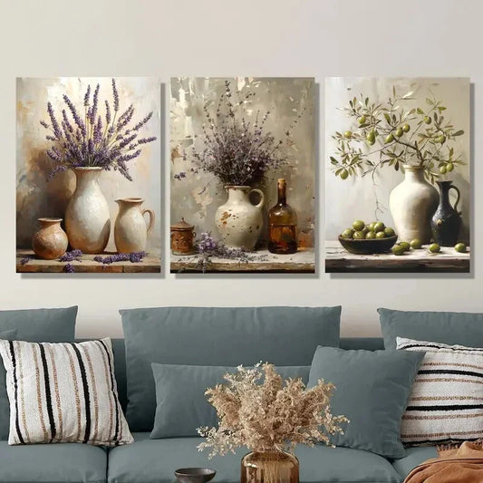 3pcs Rustic Lavender Ceramic Jar Oil Painting Metal Print Ready to Hang Art
