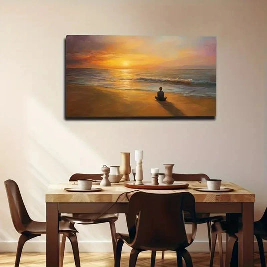 Sunset Beach Meditation Scene Wall Art Canvas Office Home Room Framed 80x45cm