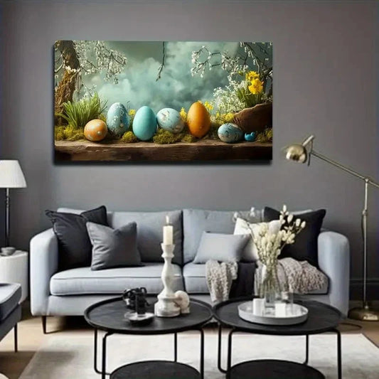 Vibrant Easter Egg Hunt Scene Wall Art Canvas Office Home Room Framed 120x60cm