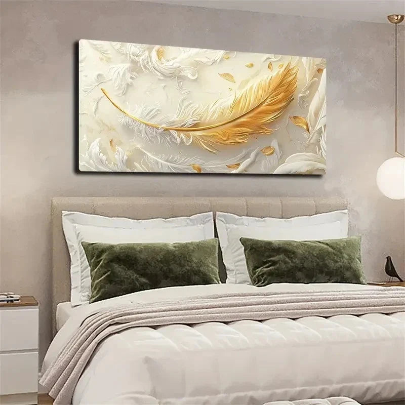 Golden Feather Abstract Wall Art canvas office home room framed 120x60cm