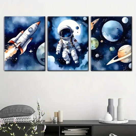 3pcs cartoon astronaut and outer space, Metal Print Ready to Hang Art