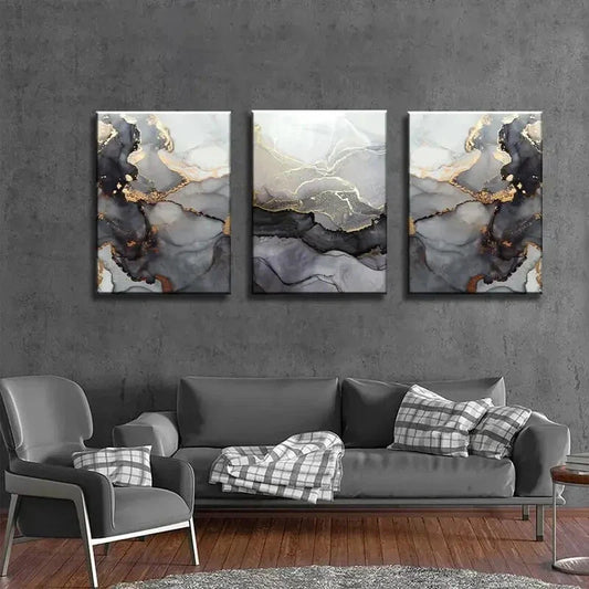 3pcs s Black and Golden, Fluid Lines Metal Print Ready to Hang Art