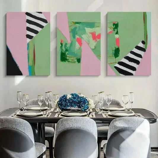 3pcs Modern Pink Green and Black Geometric Metal Print Ready to Hang Art