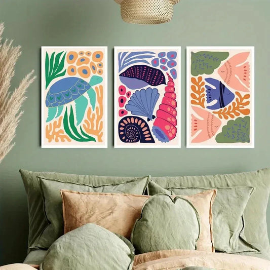 3pcs Colorful Turtles, Fishes, Shells, and Corals Metal Print Ready to Hang Art