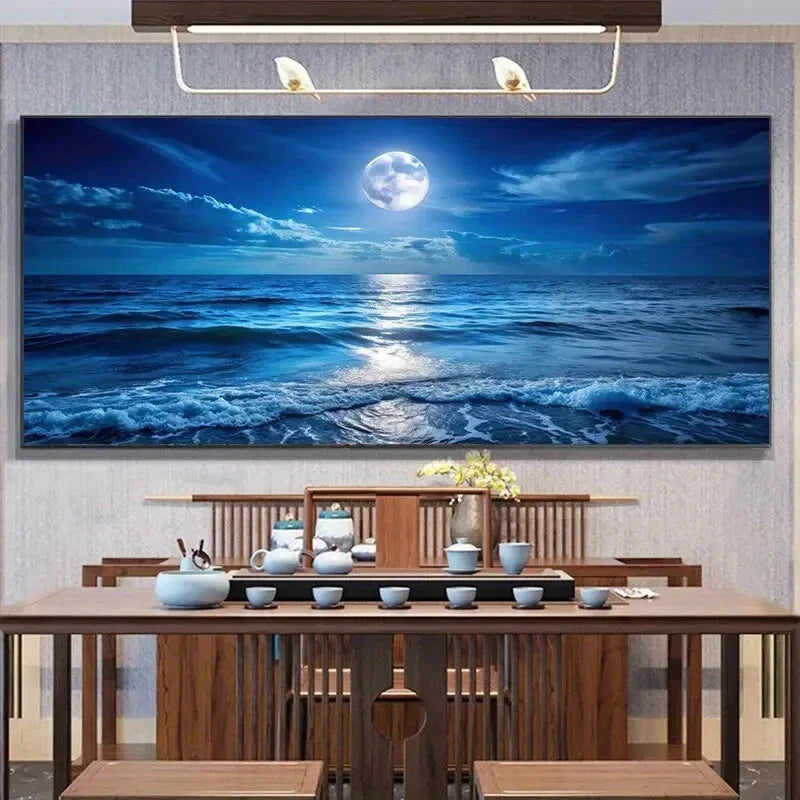 Abstract Blue Ocean Moon wall canvas office home room framed 80x45cm