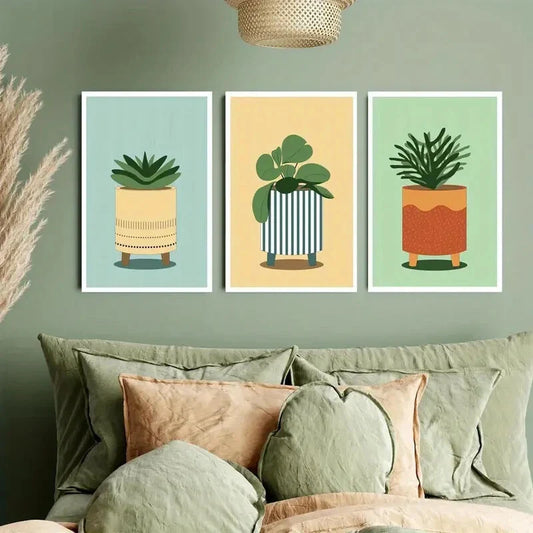 3pcs Modern Cartoon Green & Yellow Tone Houseplant Metal Print Ready to Hang Art