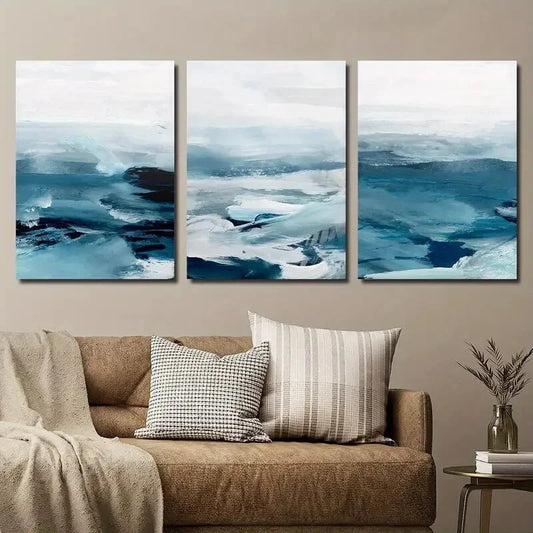 3pcs Abstract Seascape Blue Oil Painting Metal Print Ready to Hang Art