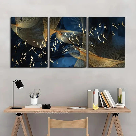 3pcs Golden flying bird, Golden lines Metal Print Ready to Hang Art
