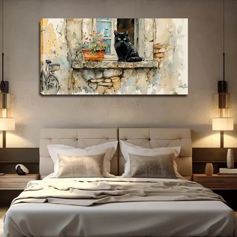 Abstract Style Black Cat on Old Wall Art Canvas Office Home Room Framed 120x60cm