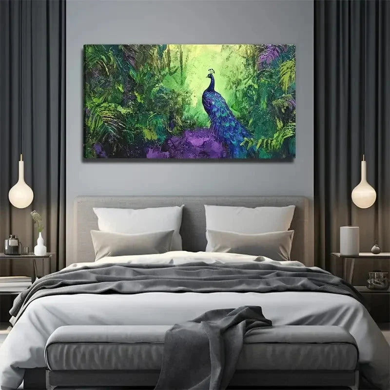 Vibrant Peacock In Green Forest Wall Art Canvas Office Home Room Framed 80x45cm