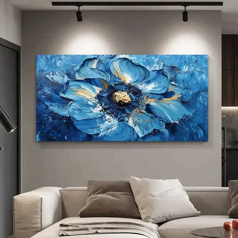 Impasto Blue Flower Detail Wall Art Canvas Office Home Room Framed 80x45cm
