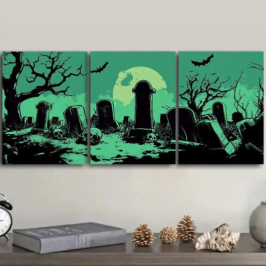 3pcs  Graveyard Halloween Theme,Metal Print Ready to Hang Art