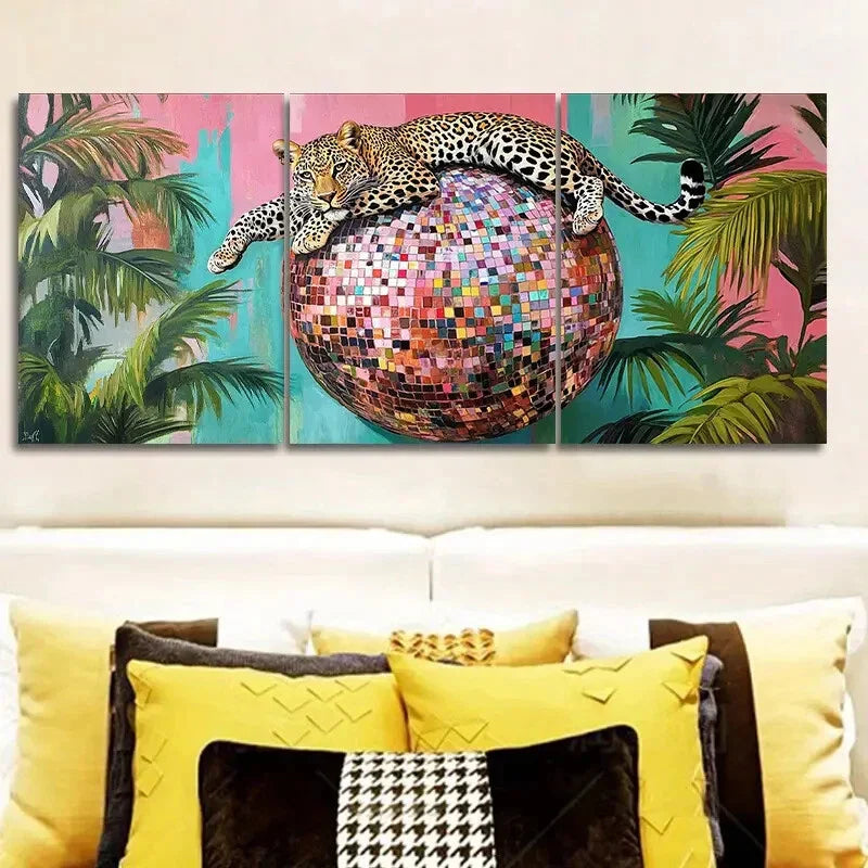 3pcs A Leopard On A Disco Ball Painting Art Metal Print Ready to Hang Art