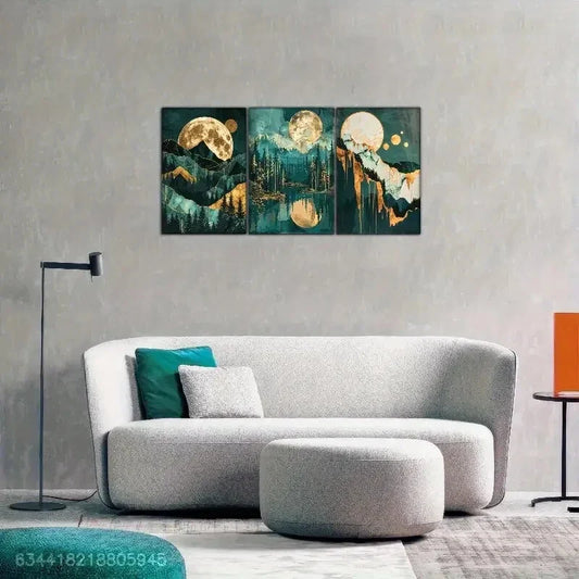 3pcs Golden Mountain at Night, Golden Moon Metal Print Ready to Hang Art