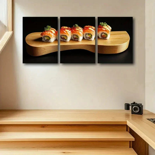 3pcs Vibrant Sushi Rolls with Wasabi & Soy Sauce Metal Print Ready to Hang Art