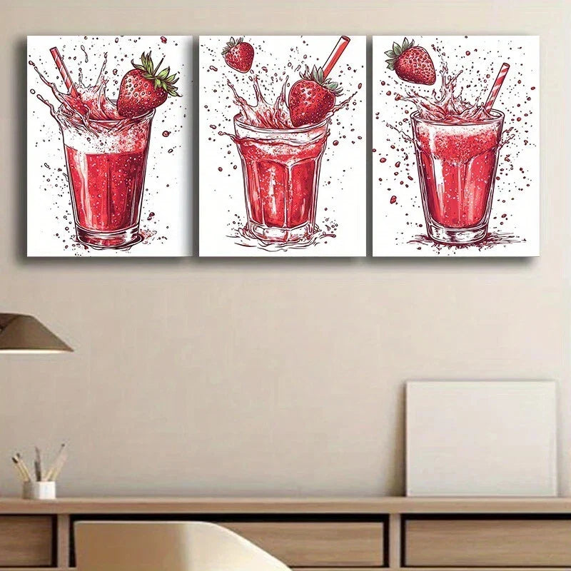 3pcs Vibrant Strawberry Beverage Modern Style Metal Print Ready to Hang Art