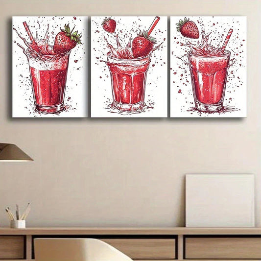 3pcs Vibrant Strawberry Beverage Modern Style Metal Print Ready to Hang Art
