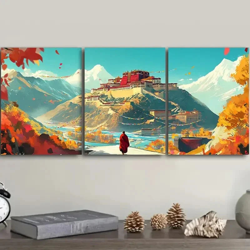 3pcs Potala Palace Autumn Landscape Wall Art Set Canvas Framed 40x60cm - High Quality Print 100% Australian Made Wall Canvas Ready to Hang