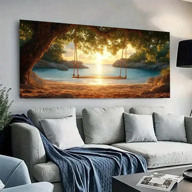 Beach Swing Gold Sunset wall canvas office home room framed 120x60cm